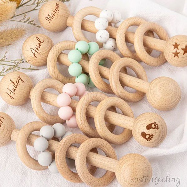 Engraved Wooden Classic Silicone Baby Rattle