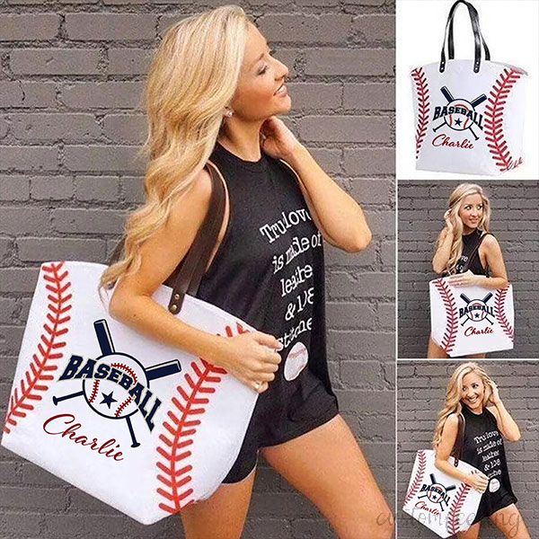 Personalize Baseball Tote Bag with Leather Handles