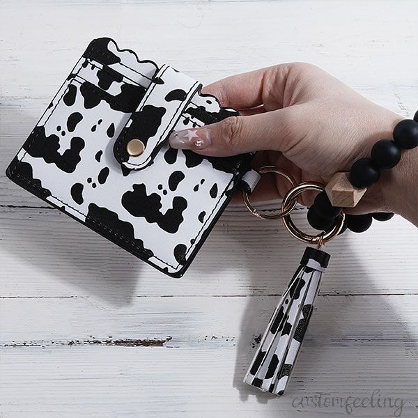 Cow Print Beaded Wristlet Keychain Women Wallet