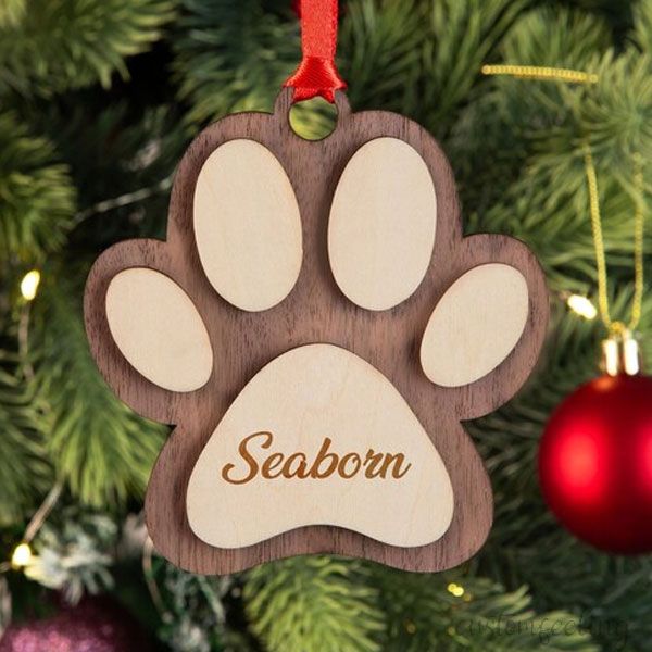 Personalized Dog Paw Christmas Wood Christmas Ornament
