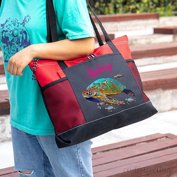 Personalized Sea Turtles Tote Bag with Mesh Pockets