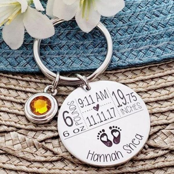 Personalized Birth Informations With Birthstones Keychain