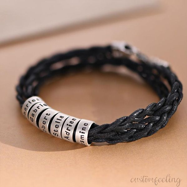 Family Names Men Bracelet with Custom Engrave Beads