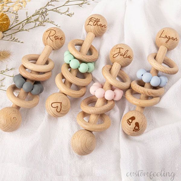 Engraved Wooden Classic Silicone Baby Rattle