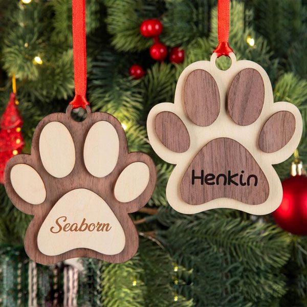Personalized Dog Paw Christmas Wood Christmas Ornament
