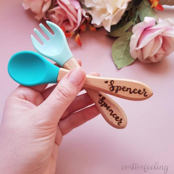 Personalized Pair wooden baby Silicone Spoon and fork