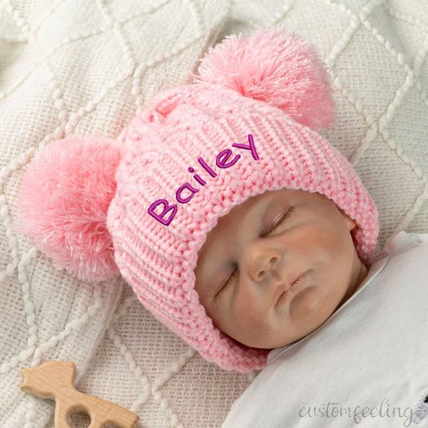 Personalised Newborn Baby Beanie Double Ball Hat