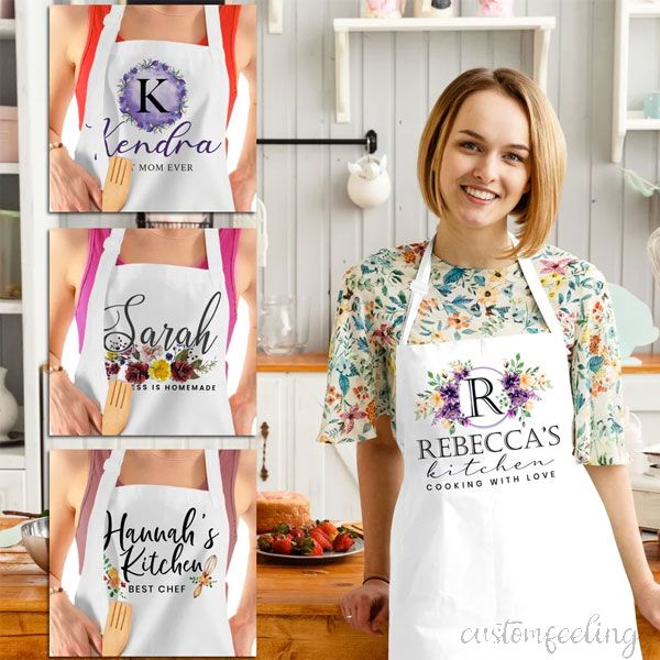 Personalized Floral Kitchen Apron for Women Adjustable Neck 