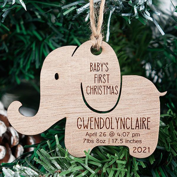 Personalized Wooden Elephant Baby's First Christmas Ornament