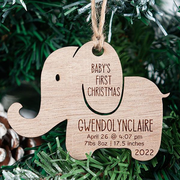 Personalized Wooden Elephant Baby's First Christmas Ornament